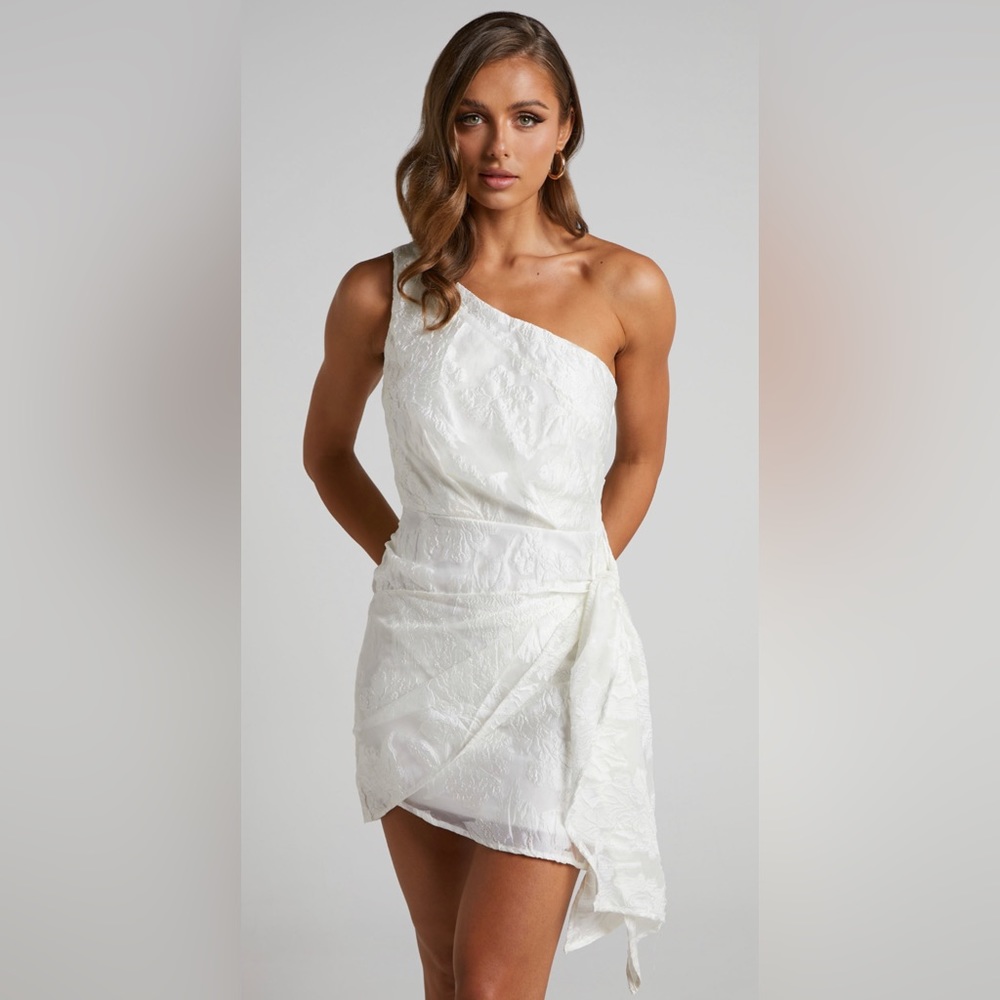 Showpo Brailey One Shoulder Wrap Front Mini Dress in White Jacquard